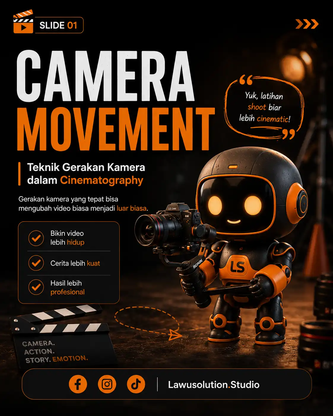 Ilustrasi camera movement dalam cinematography dengan teknik gerakan kamera cinematic untuk videografi dan filmmaking profesional.