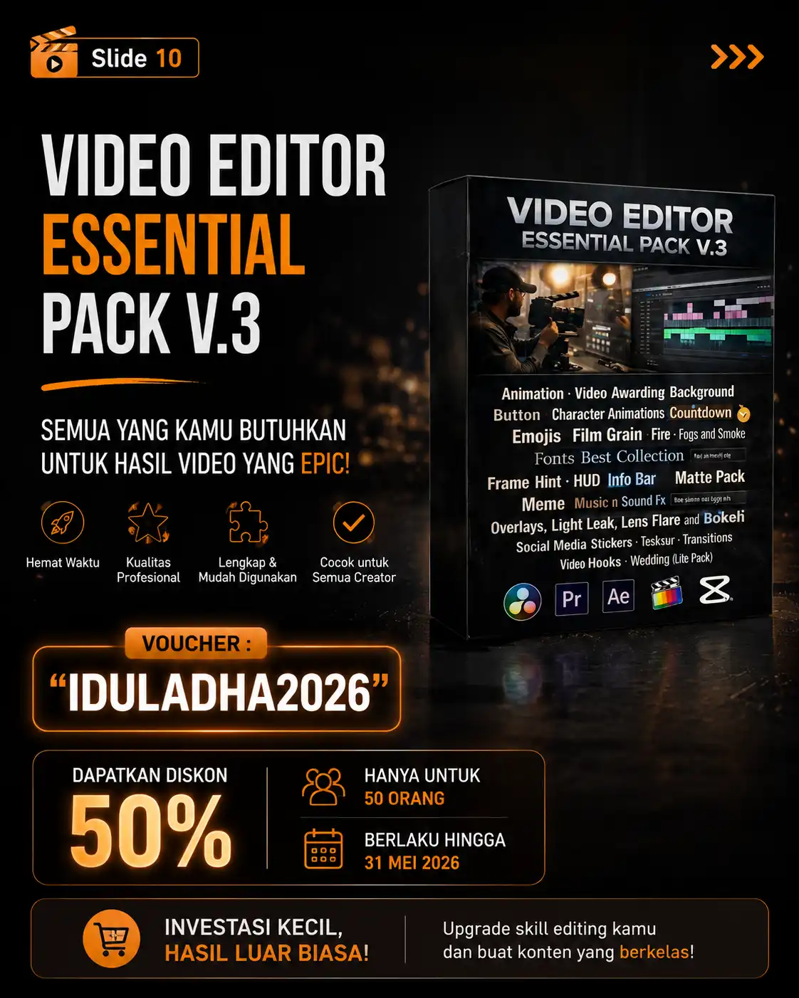 Promosi Video Editor Essential Pack V.3 berisi aset editing video profesional untuk content creator dan videographer.