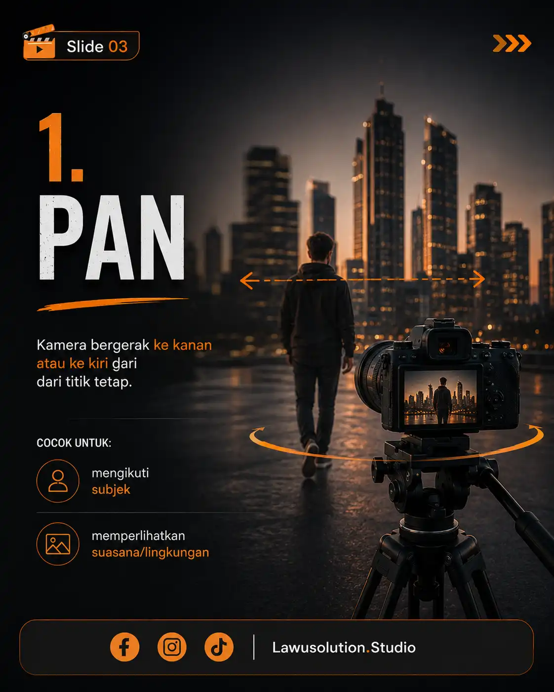 Teknik pan shot dalam cinematography dengan gerakan kamera horizontal untuk mengikuti subjek video cinematic.