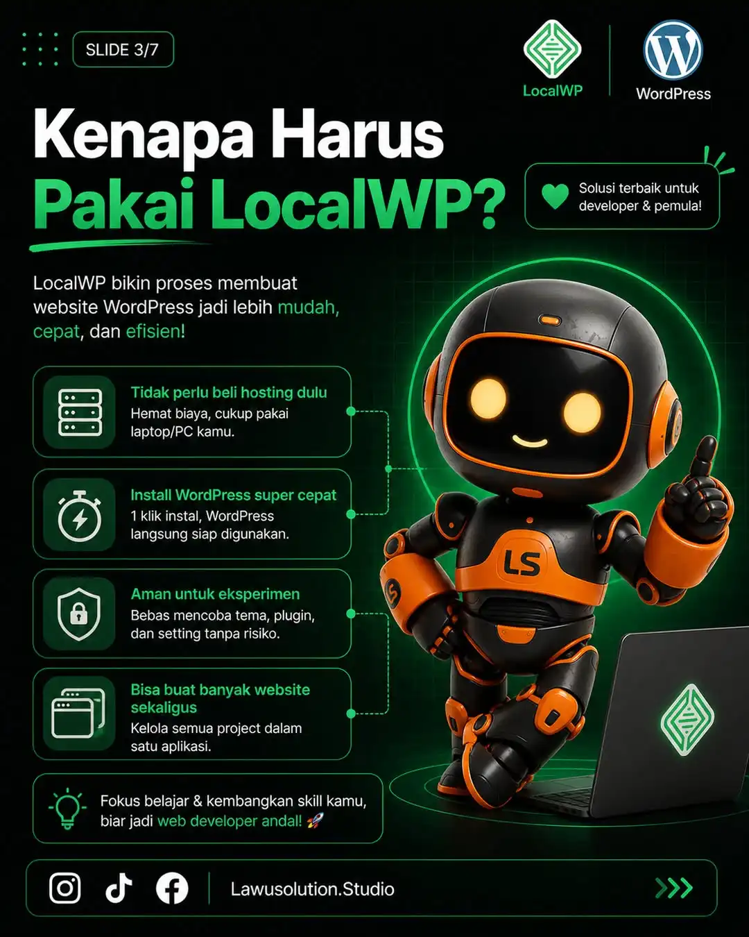 Keunggulan LocalWP untuk WordPress seperti install cepat, aman untuk eksperimen tema plugin, dan bisa membuat banyak website lokal.