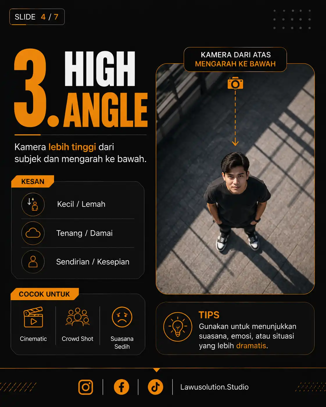 High angle camera angle dalam fotografi dan videografi dengan pengambilan gambar dari atas untuk menciptakan perspektif luas.