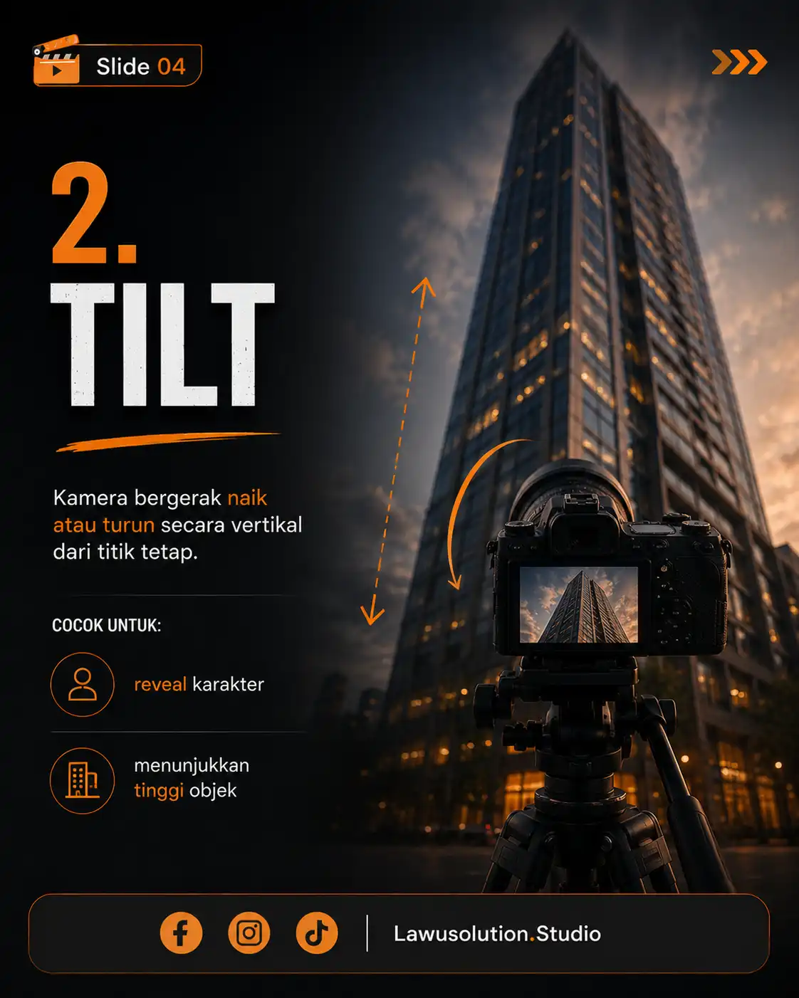 Teknik tilt shot dalam cinematography dengan gerakan kamera vertikal untuk reveal objek dan cinematic video.