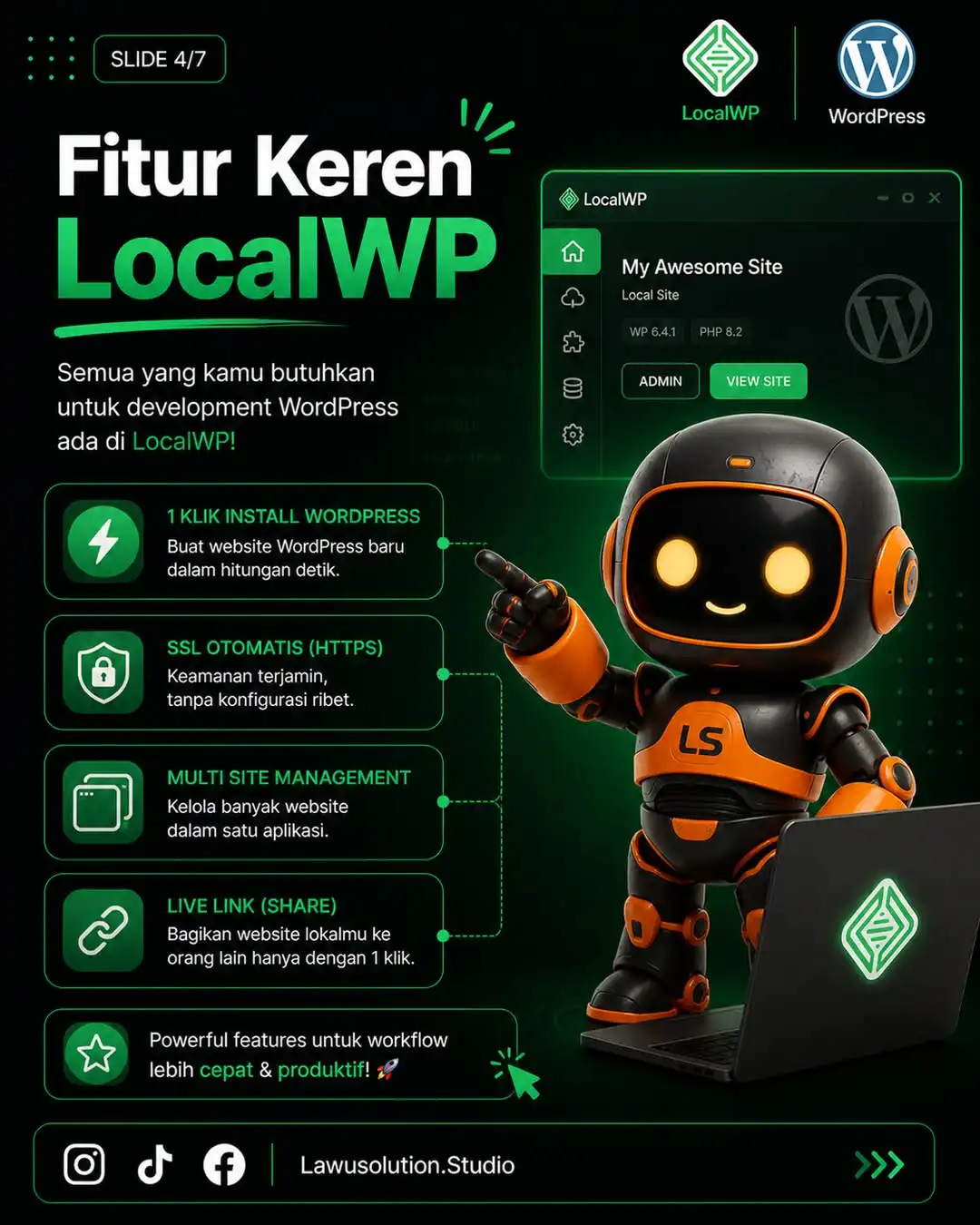 Fitur LocalWP untuk development WordPress termasuk one click install, SSL otomatis HTTPS, multi site management, dan live link share.