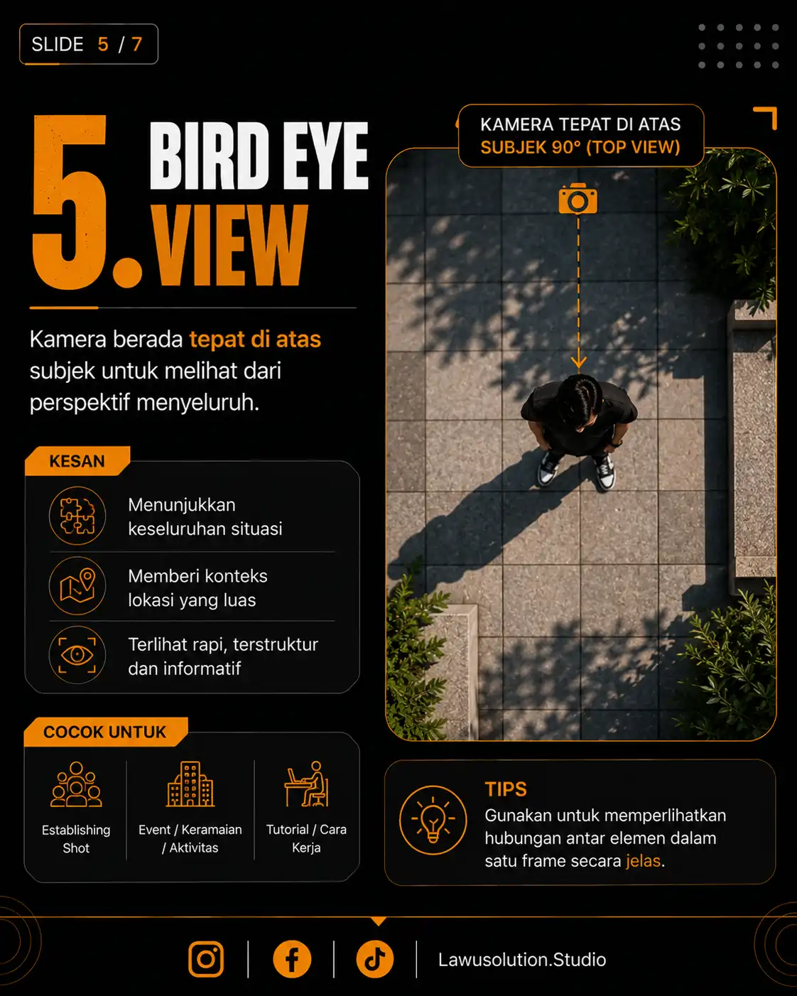 Bird eye view camera angle atau top view shot menggunakan perspektif atas untuk video cinematic dan fotografi kreatif.