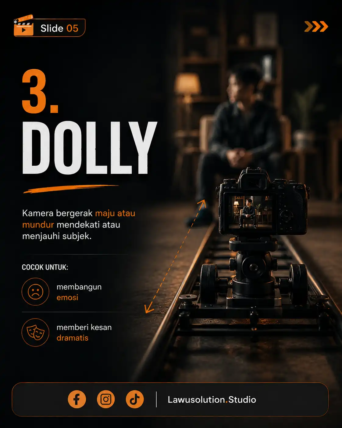 Teknik dolly shot dalam cinematography menggunakan pergerakan kamera maju mundur untuk efek dramatis dan emosional.