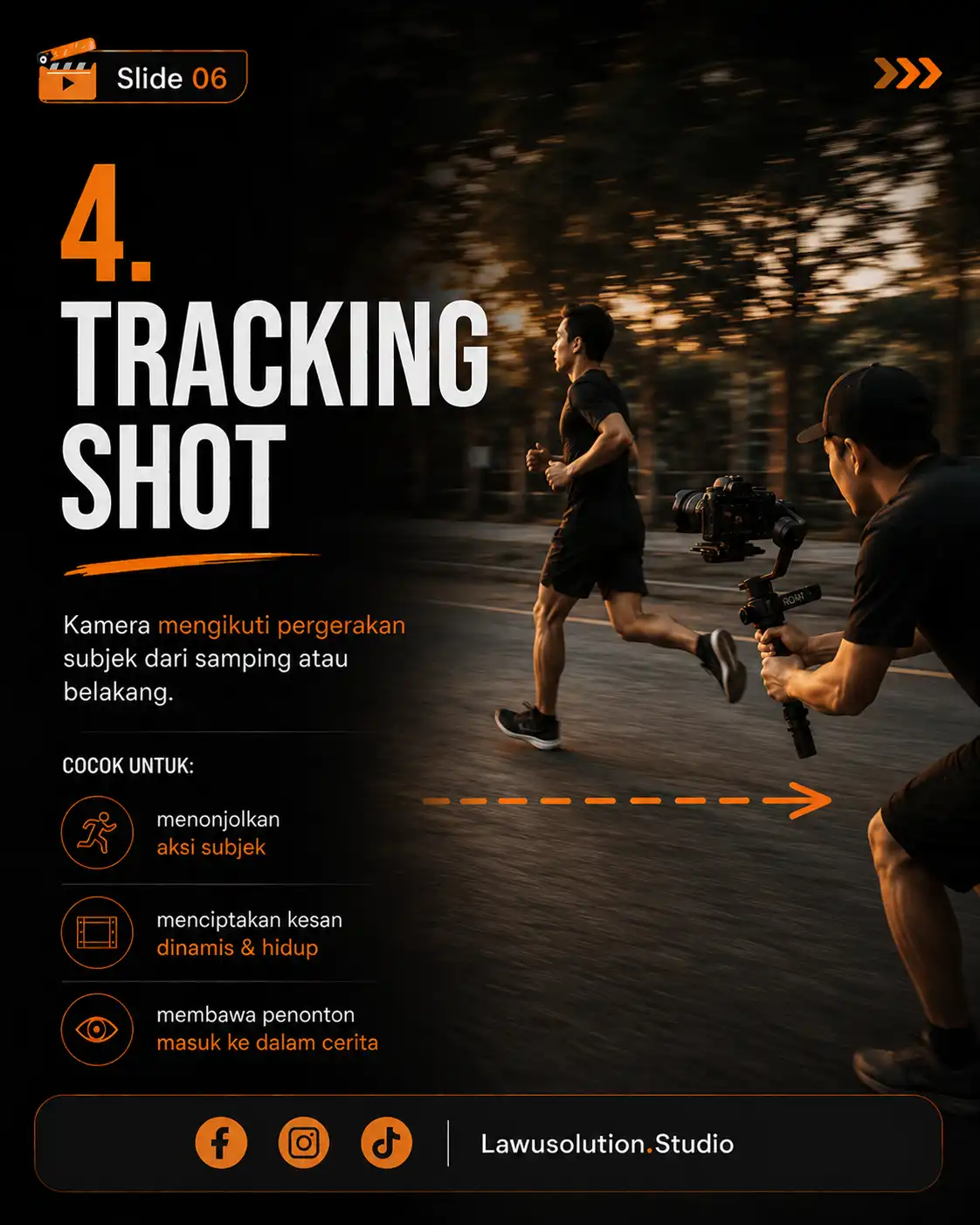 Ilustrasi tracking shot dalam cinematography dengan kamera mengikuti subjek bergerak untuk video cinematic modern.