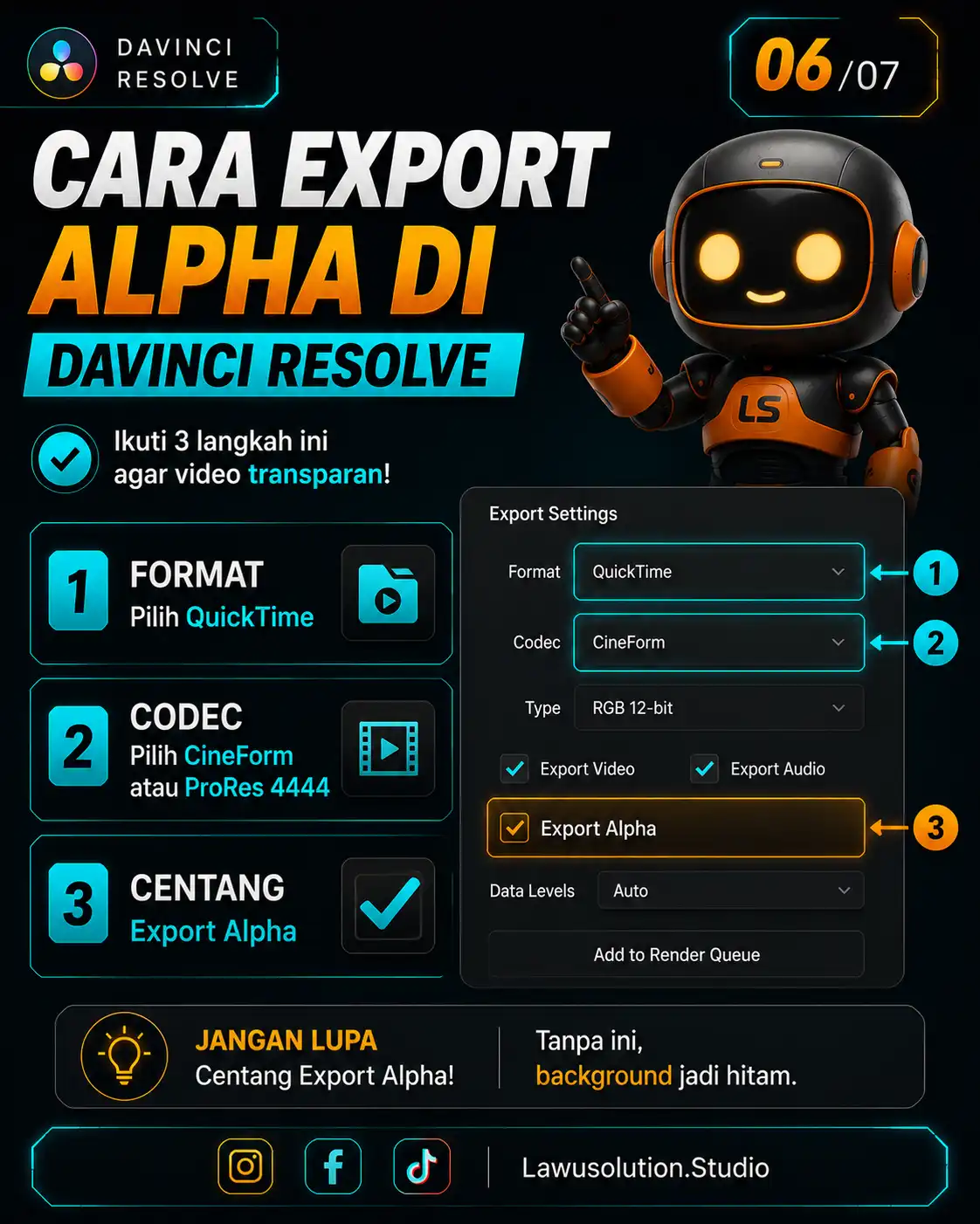 Tutorial cara export video transparan Alpha Channel di DaVinci Resolve menggunakan QuickTime, CineForm, dan Export Alpha.