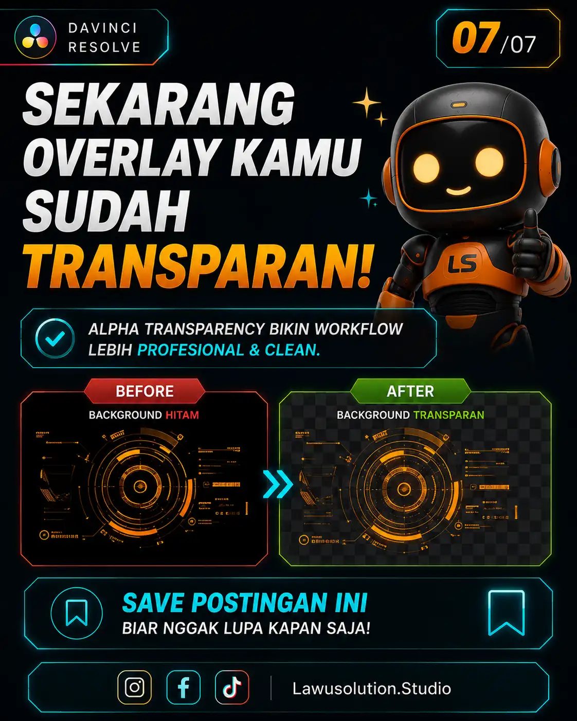 Perbandingan before after overlay transparan pada video editing dengan Alpha Transparency untuk workflow editing profesional.