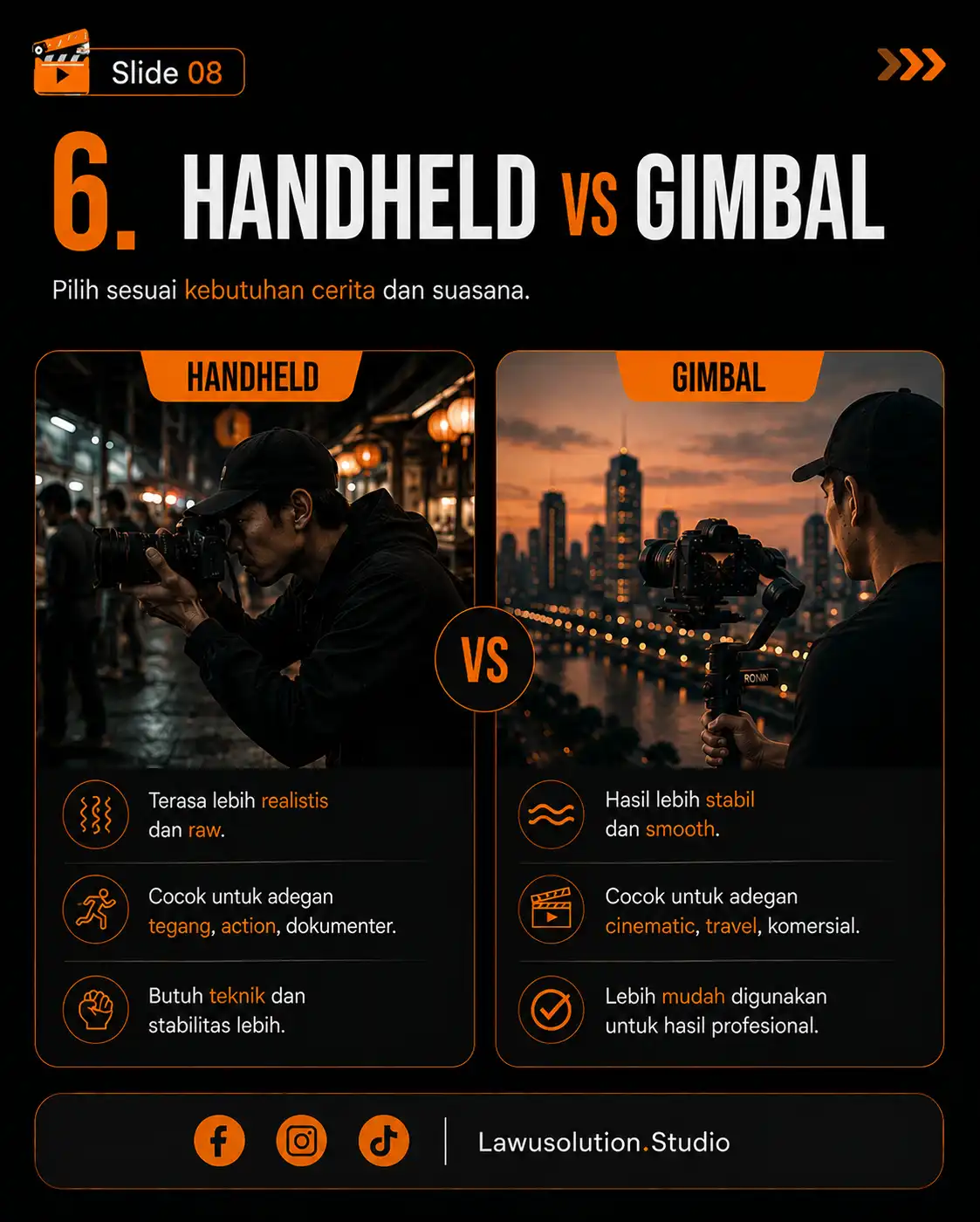 Perbandingan handheld vs gimbal dalam videografi untuk hasil video realistis atau smooth cinematic.