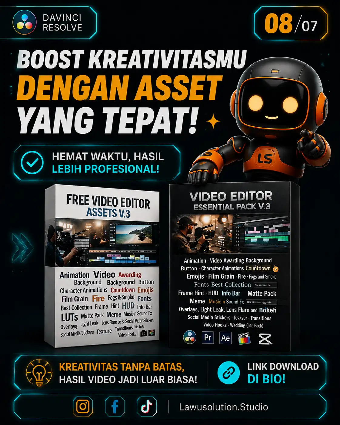 Gratis video editing assets, mendukung semua aplikasi editing video.