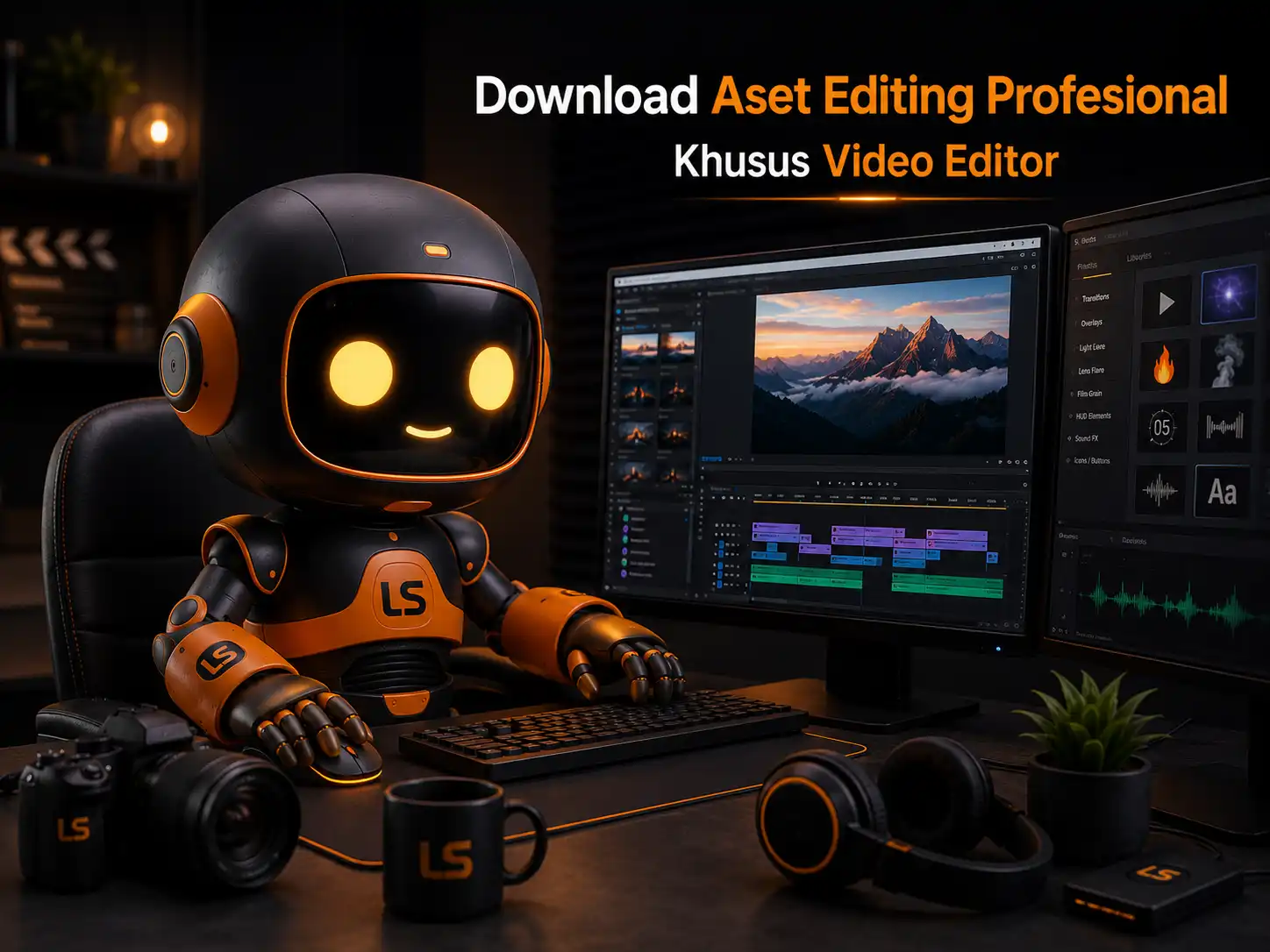 Download aset editing video profesional lengkap untuk CapCut, DaVinci Resolve, Premiere Pro, dan VN dengan transition, overlay, sound effect, font premium, serta asset pack editor video modern 2026.