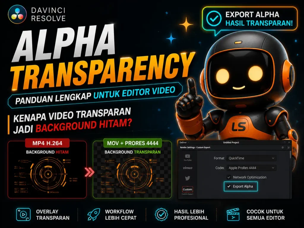 Tutorial Alpha Transparency di DaVinci Resolve dengan robot futuristik, penjelasan export alpha channel, overlay transparan, dan perbandingan background hitam vs transparan.