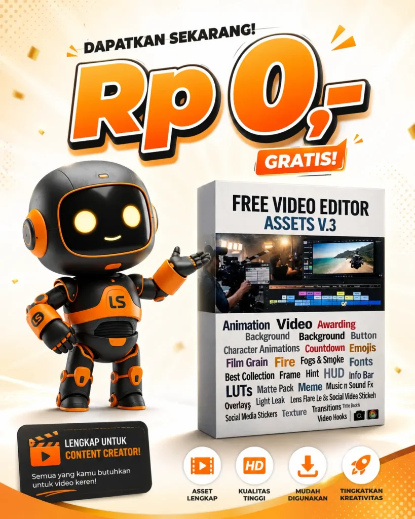 Free video editor assets pack lengkap dengan berbagai LUTs, overlay, animasi, dan template editing melimpah untuk content creator.