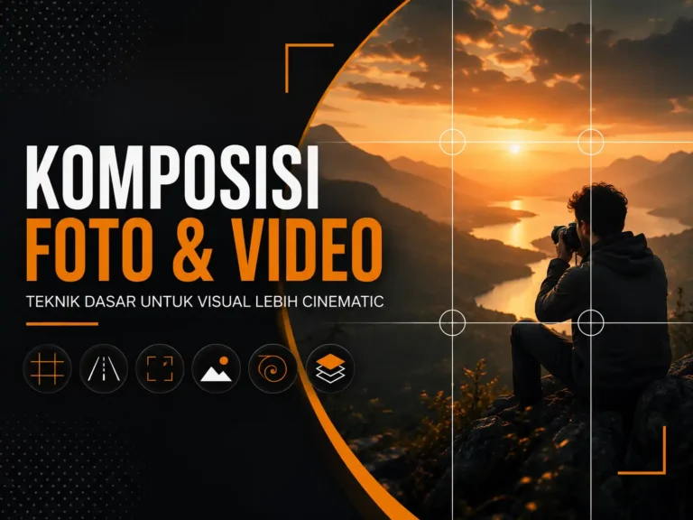 Ilustrasi komposisi fotografi dan videografi cinematic dengan teknik rule of thirds pada fotografer saat memotret landscape matahari terbenam untuk pembelajaran komposisi foto dan video.
