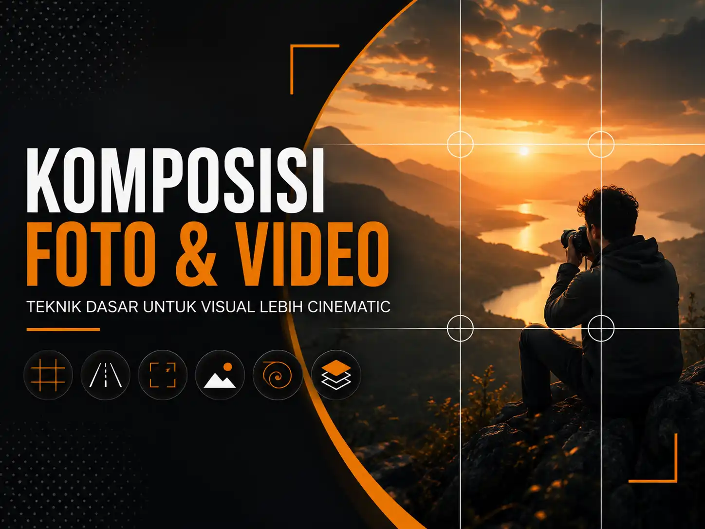 Ilustrasi komposisi fotografi dan videografi cinematic dengan teknik rule of thirds pada fotografer saat memotret landscape matahari terbenam untuk pembelajaran komposisi foto dan video.