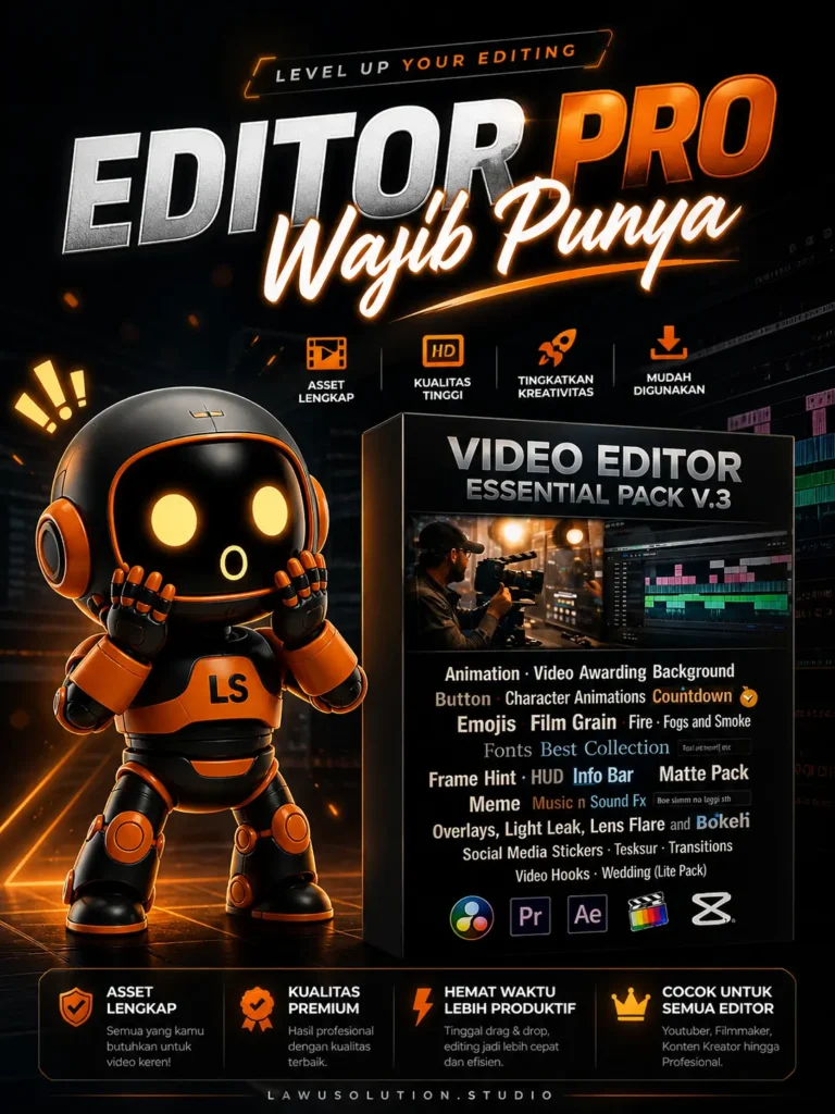 Video editor pro assets pack lengkap untuk DaVinci Resolve, Premiere Pro, dan After Effects berisi LUTs overlay transisi efek video dan template premium.