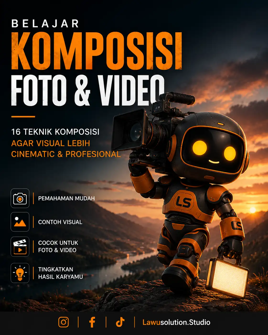 Cover carousel komposisi fotografi dan videografi cinematic dengan ilustrasi videografer dan teknik framing visual profesional.