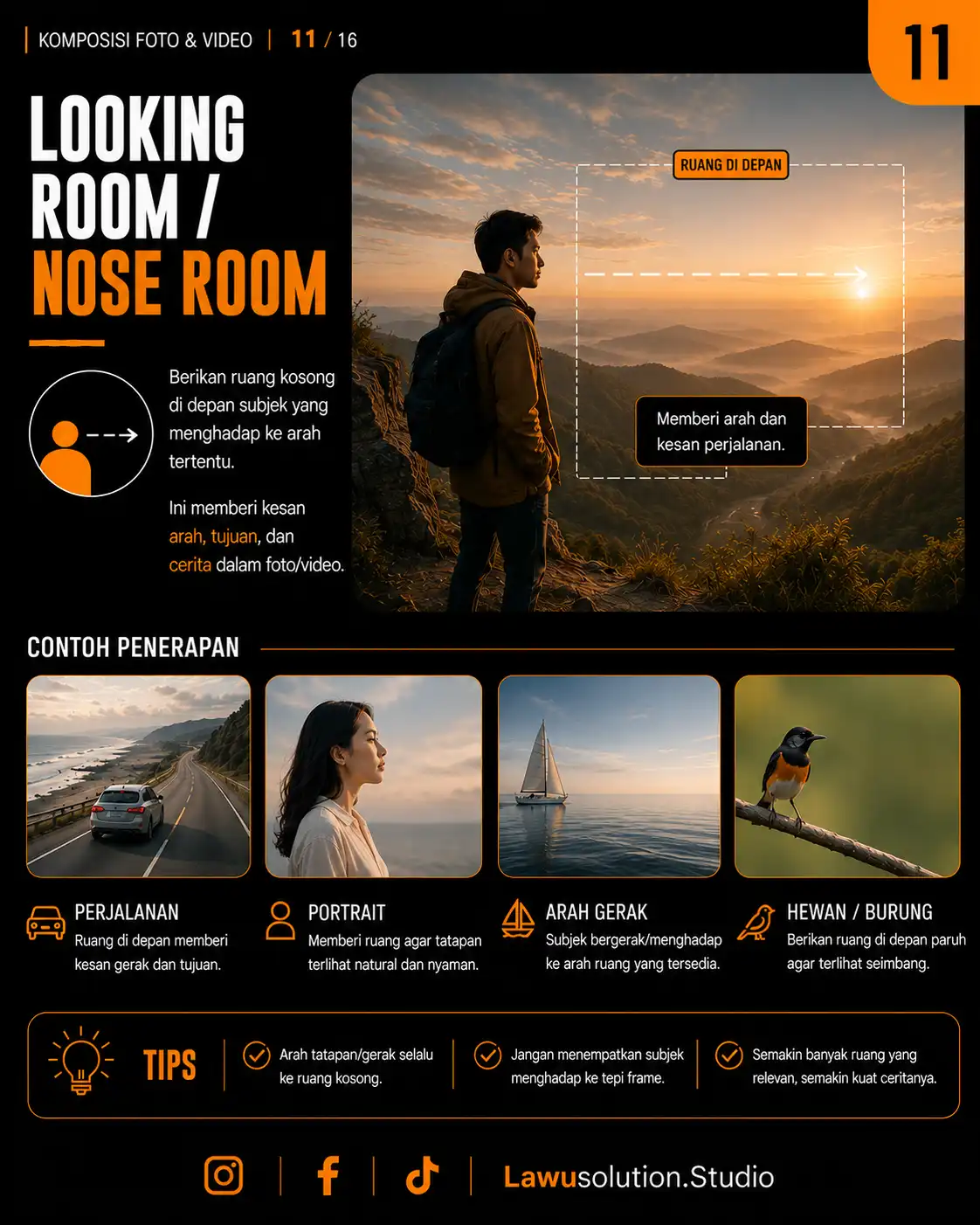 Teknik looking room atau nose room dalam komposisi videografi dengan ruang kosong di depan arah pandang subjek.
