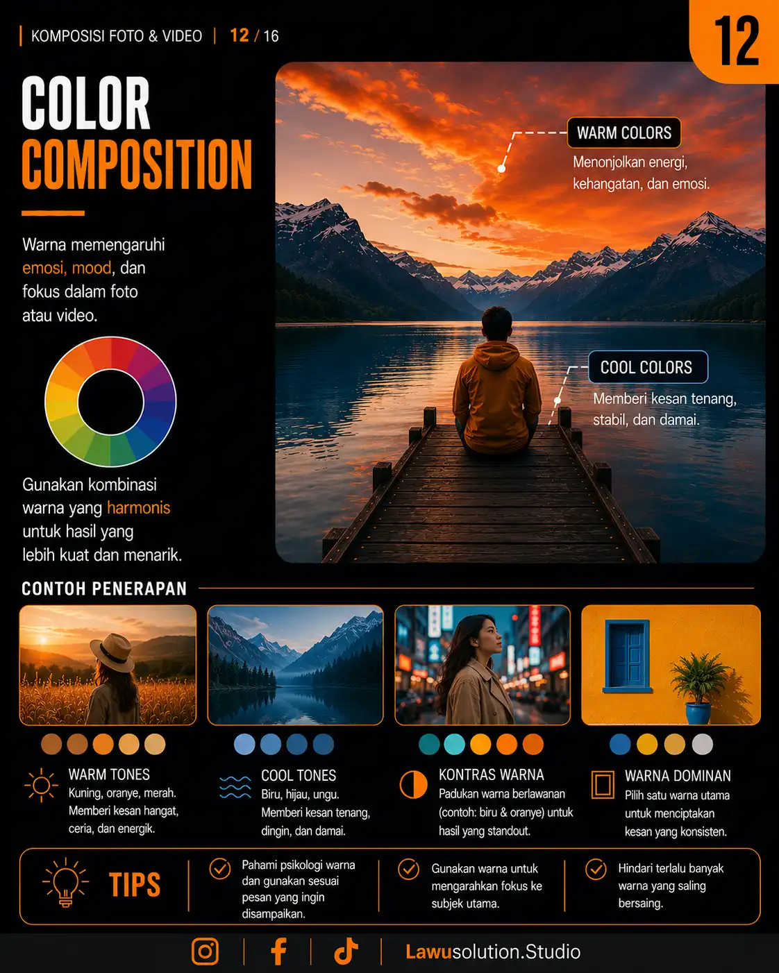 Ilustrasi color composition dalam fotografi dan videografi menggunakan kombinasi warna warm dan cool untuk visual cinematic.