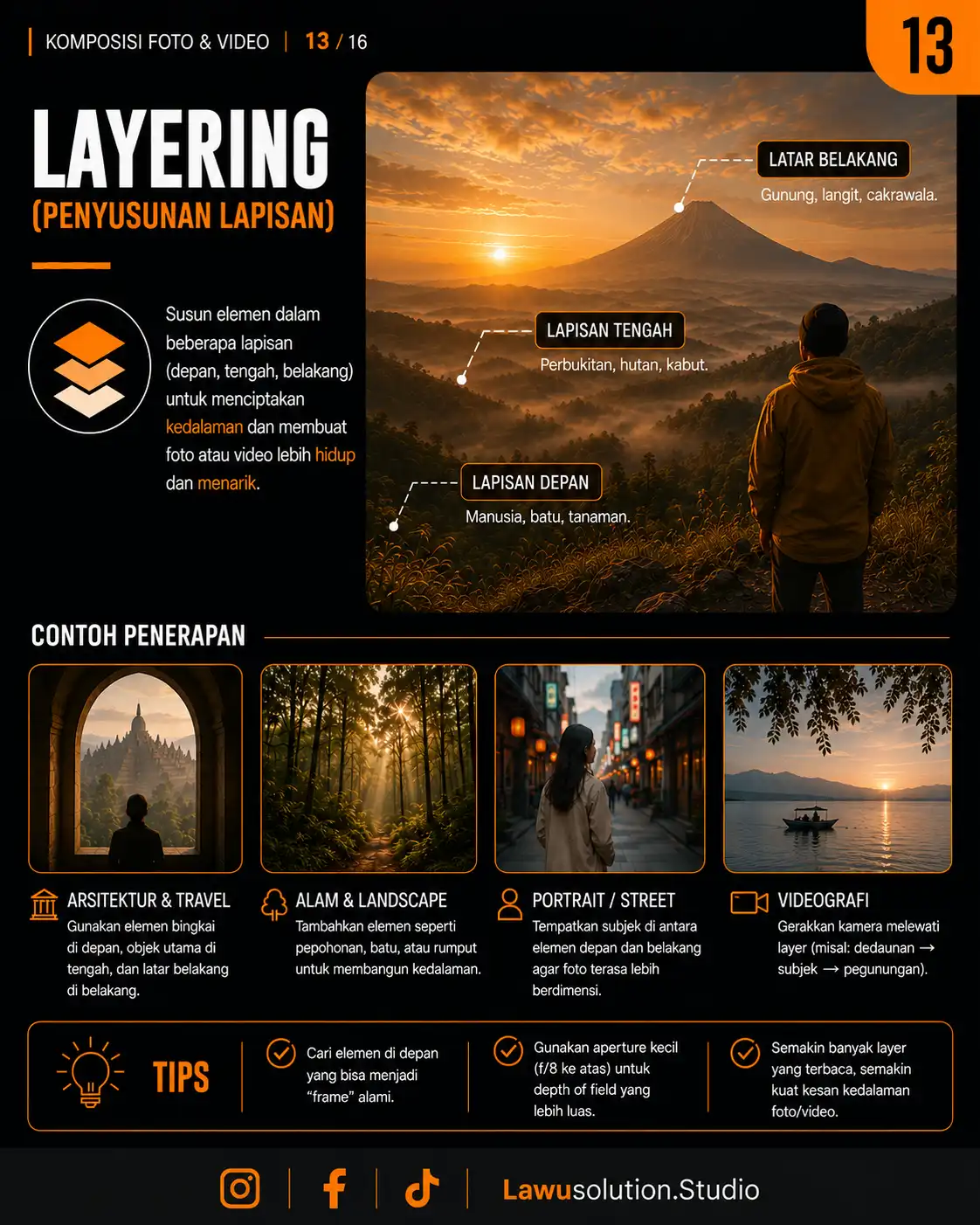 Contoh layering dalam fotografi dan videografi dengan beberapa lapisan visual untuk menciptakan depth dan dimensi cinematic.