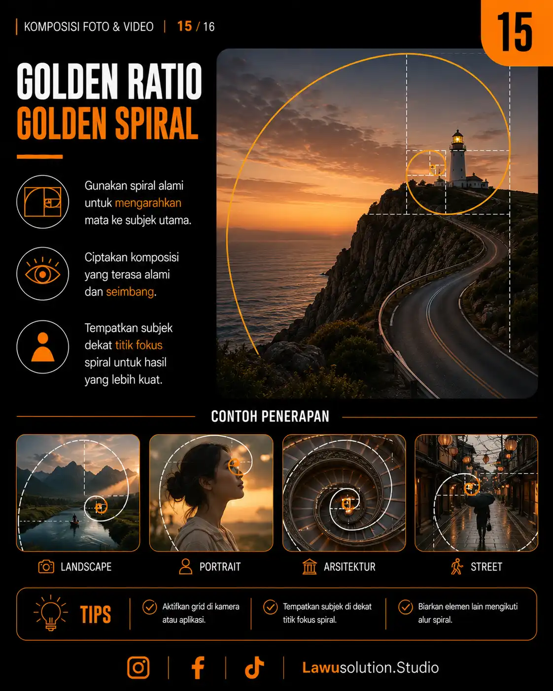 Ilustrasi golden ratio dan golden spiral dalam komposisi fotografi untuk menciptakan visual harmonis dan artistik.
