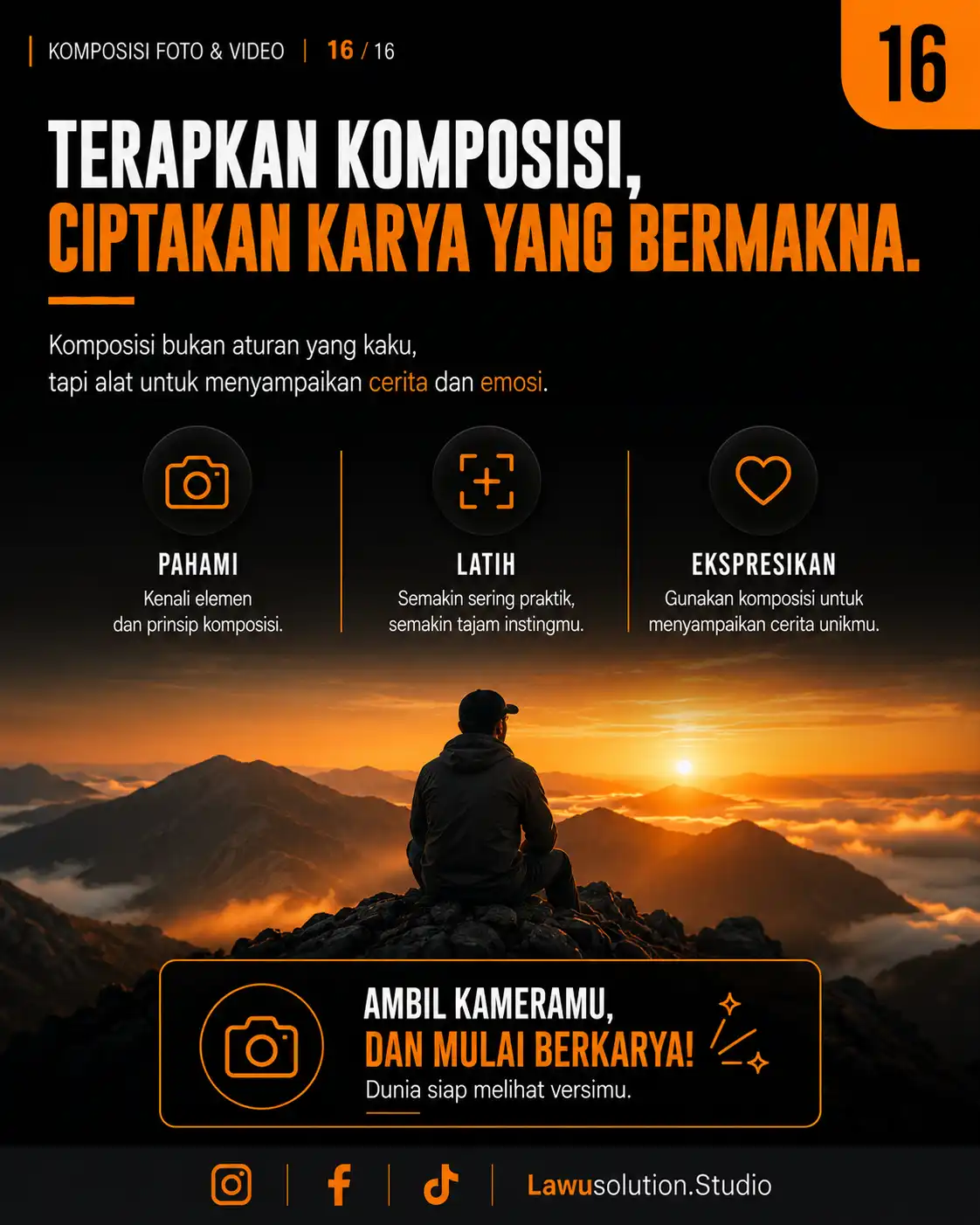 Slide penutup tentang komposisi fotografi dan videografi cinematic dengan ajakan belajar membuat visual lebih profesional.