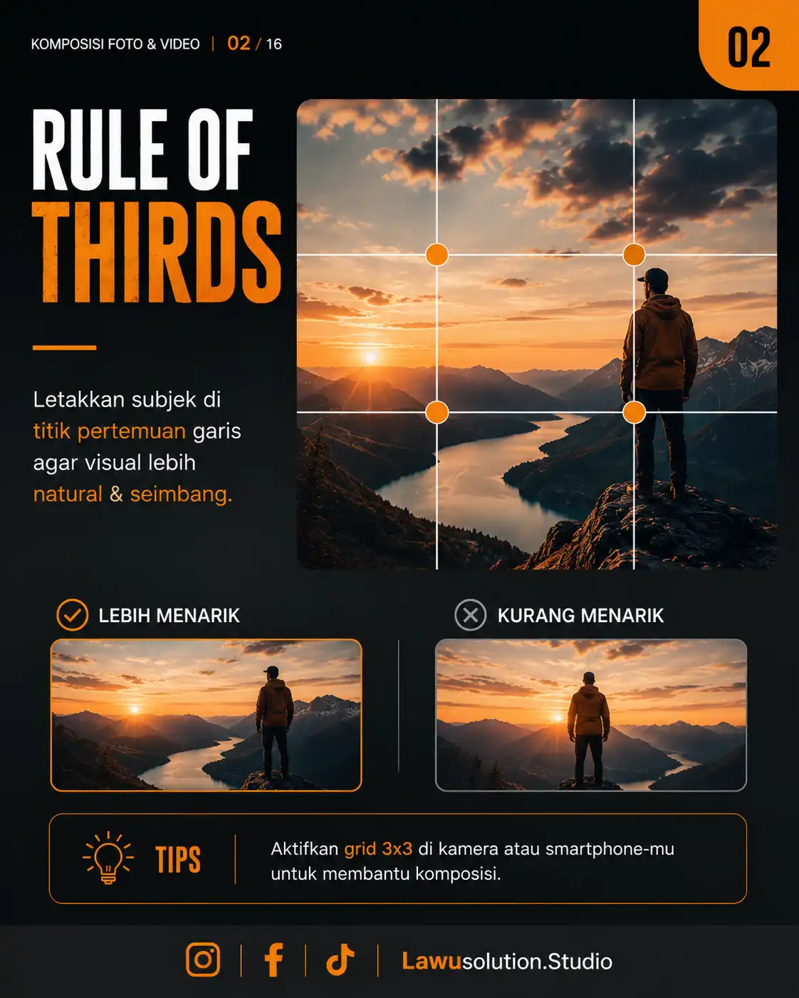 Ilustrasi teknik rule of thirds dalam komposisi fotografi dan videografi untuk membuat visual lebih seimbang dan cinematic.