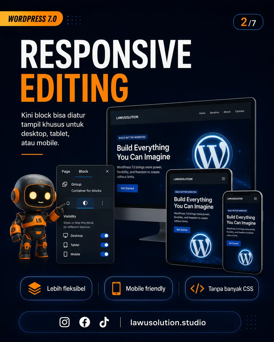Fitur responsive editing WordPress 7.0 untuk mengatur tampilan block di desktop, tablet, dan mobile dengan lebih fleksibel