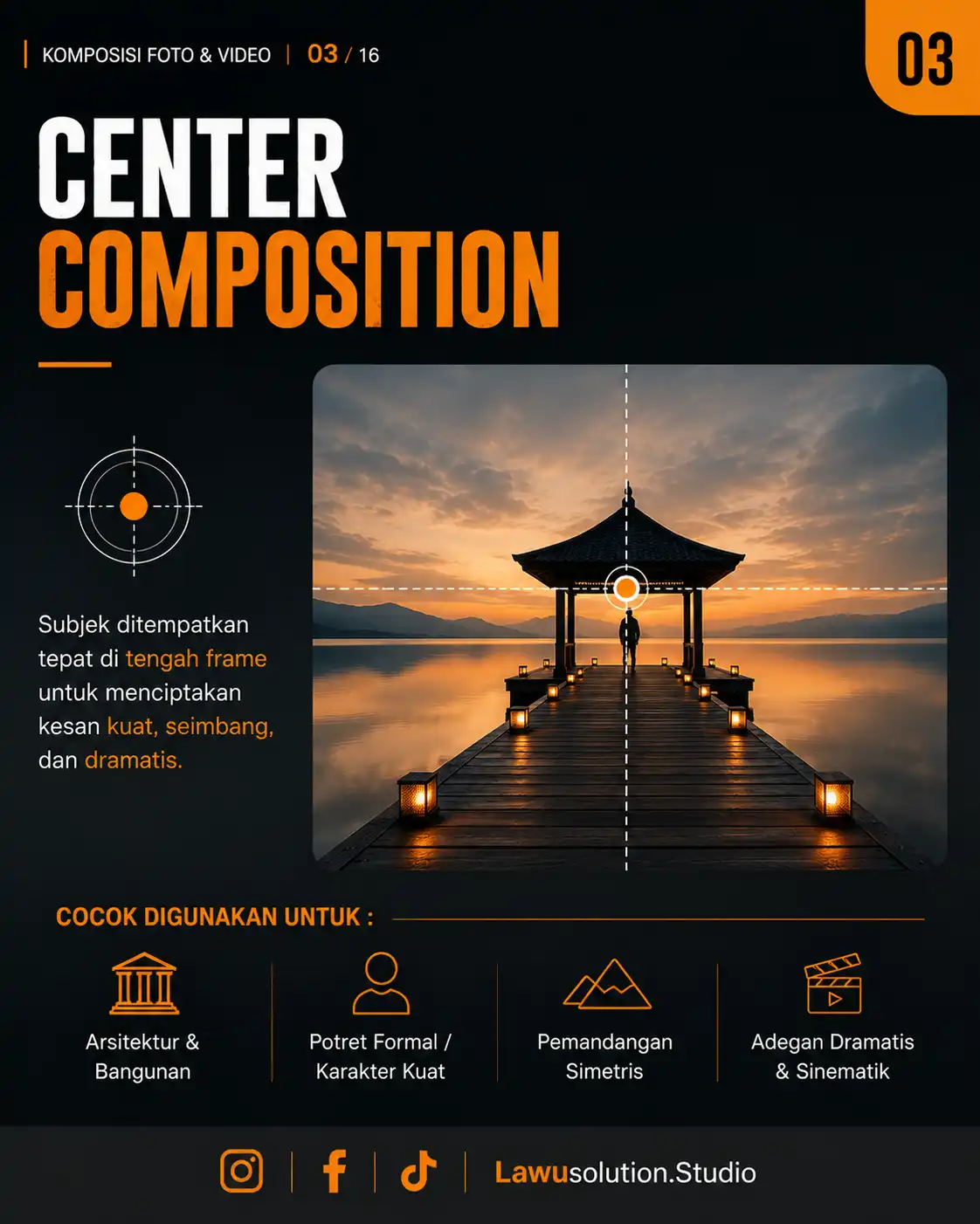 Contoh center composition pada fotografi dan videografi dengan subjek di tengah frame untuk menciptakan visual dramatis.