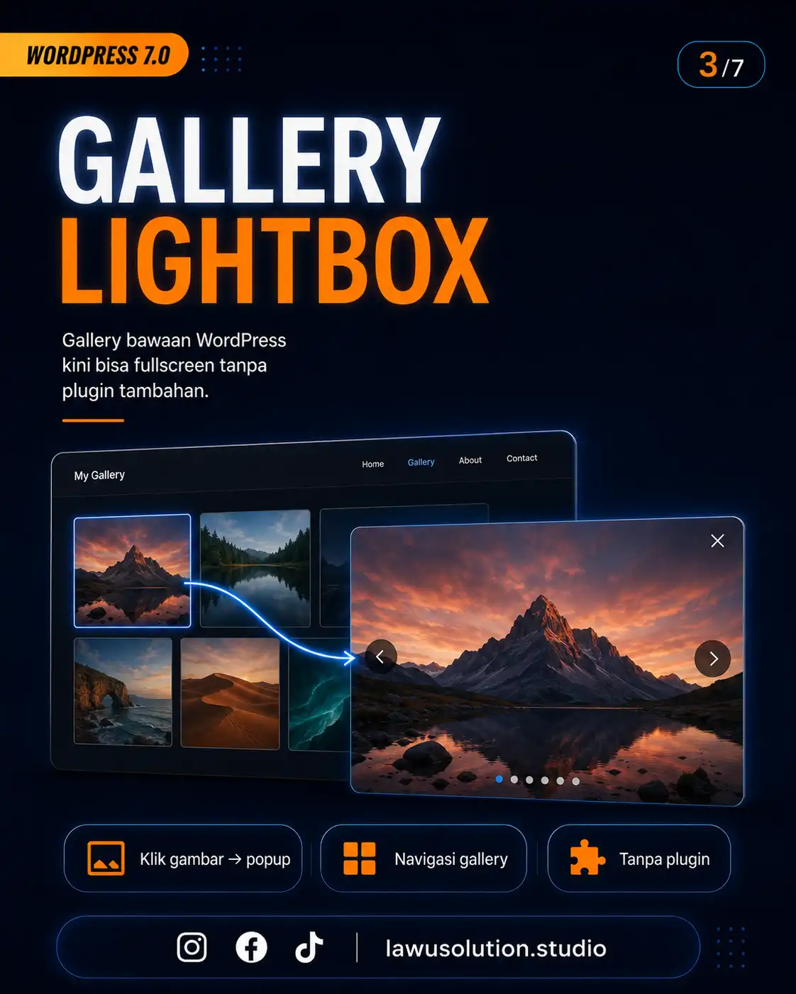 Fitur gallery lightbox WordPress 7.0 memungkinkan gambar tampil fullscreen tanpa plugin tambahan dengan navigasi galeri modern