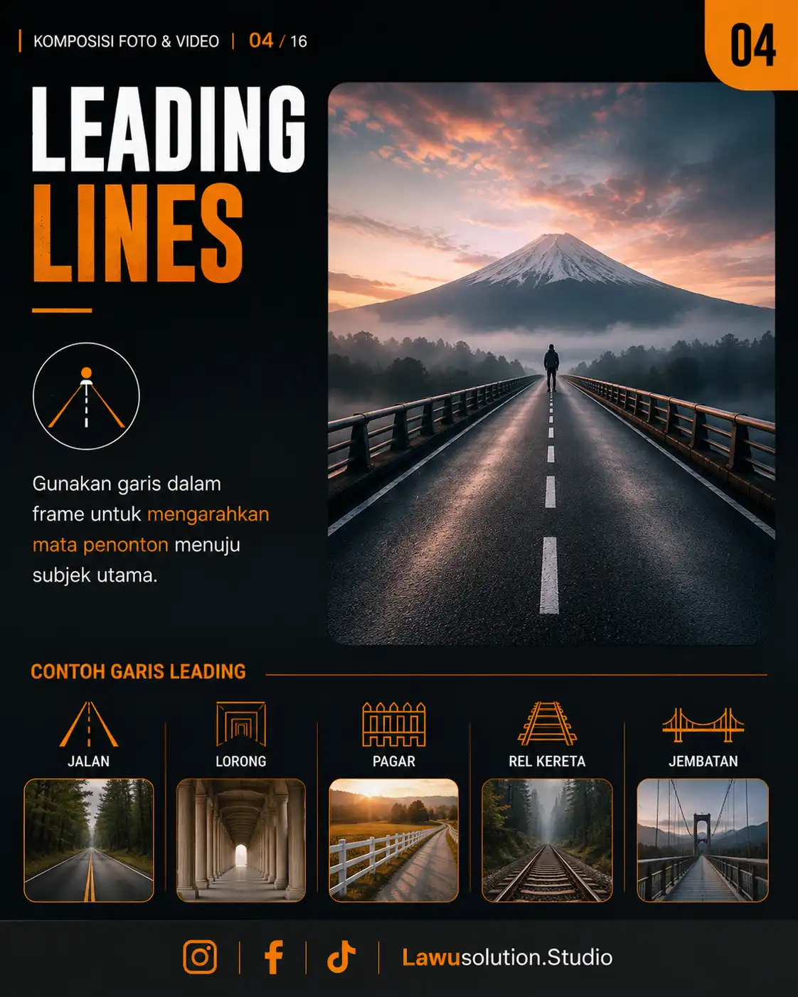 Teknik leading lines dalam fotografi dan videografi menggunakan garis jalan untuk mengarahkan fokus penonton ke subjek utama.