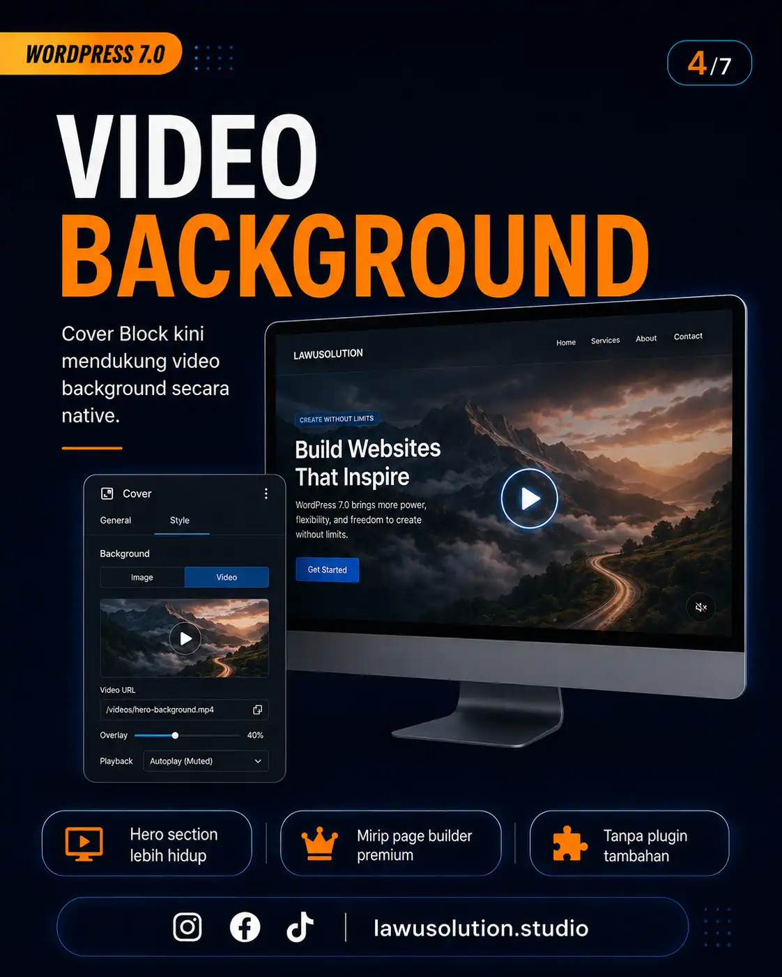 Fitur video background WordPress 7.0 pada Cover Block untuk membuat hero section website lebih hidup dan modern tanpa plugin tambahan