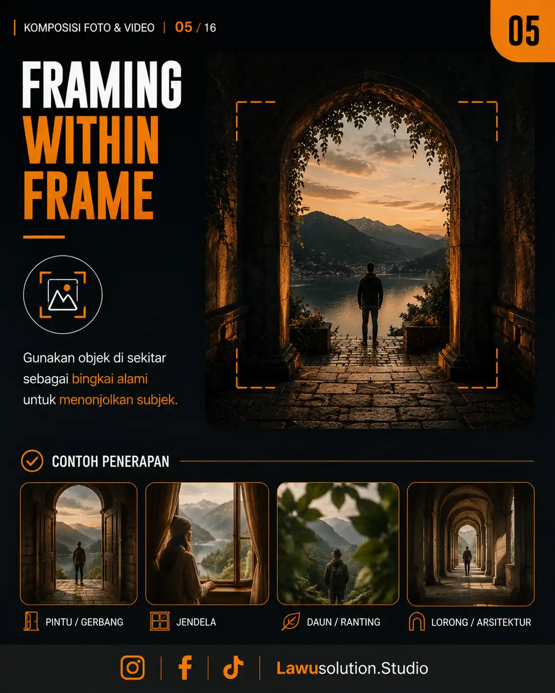 Contoh framing within frame dalam komposisi fotografi menggunakan jendela dan elemen sekitar sebagai bingkai alami.