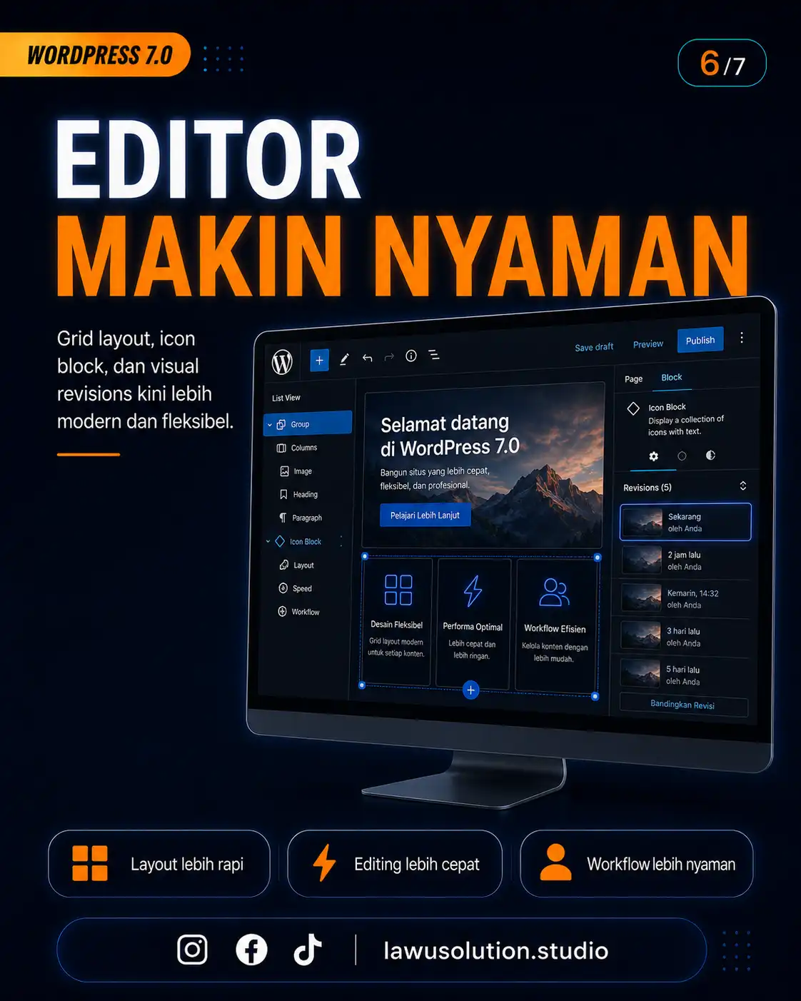 Editor WordPress 7.0 semakin modern dengan grid layout, icon block, visual revisions, dan pengalaman editing yang lebih nyaman