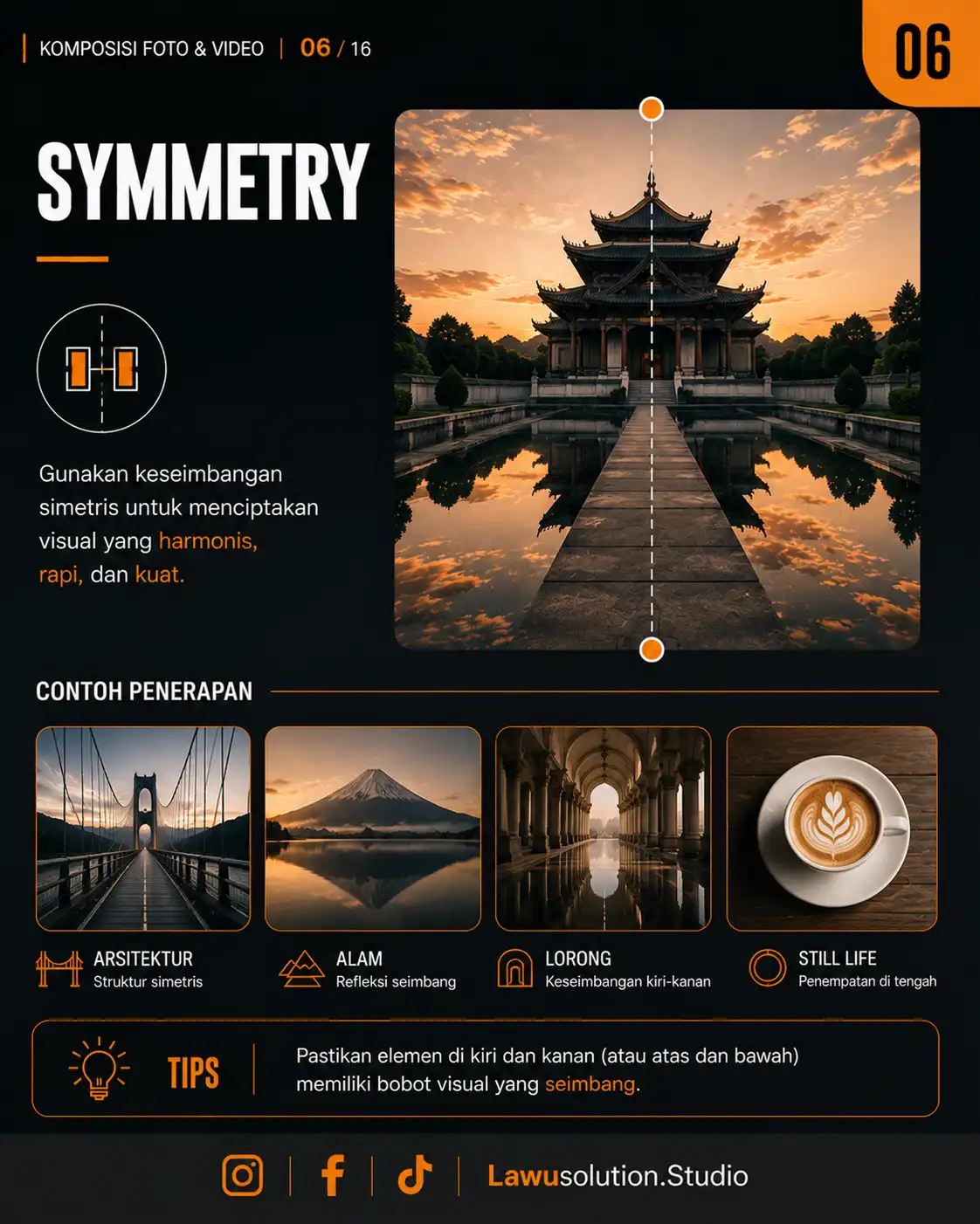 Ilustrasi symmetry composition pada fotografi dan videografi dengan komposisi simetris yang rapi dan cinematic.