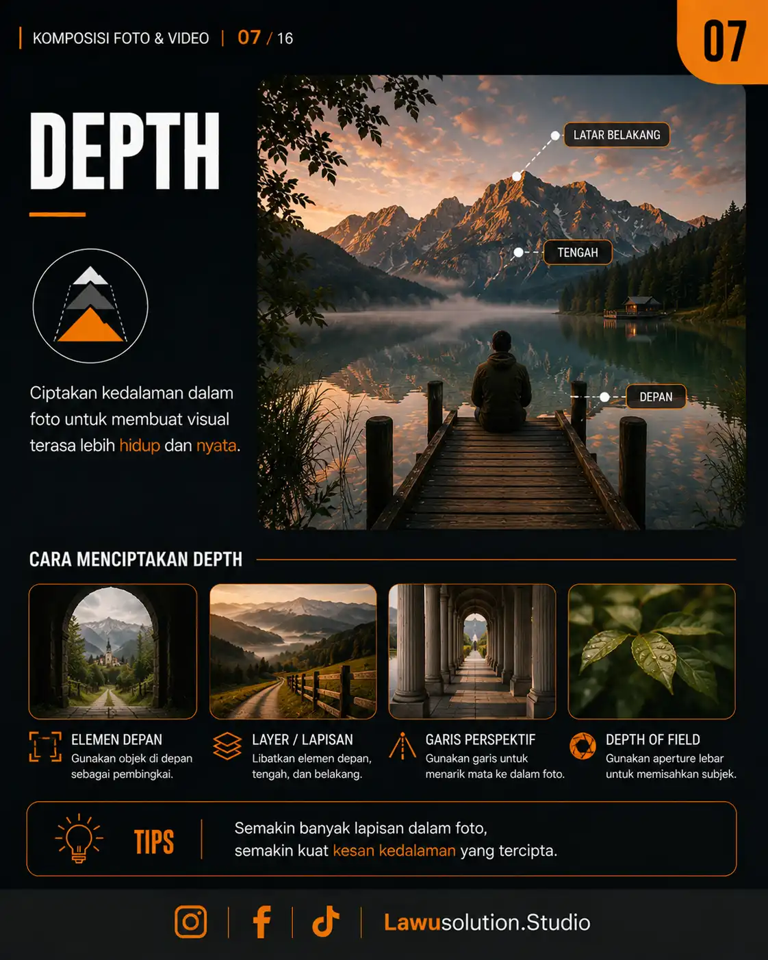 Contoh teknik depth dalam fotografi dan videografi dengan foreground, midground, dan background untuk menciptakan kedalaman visual.