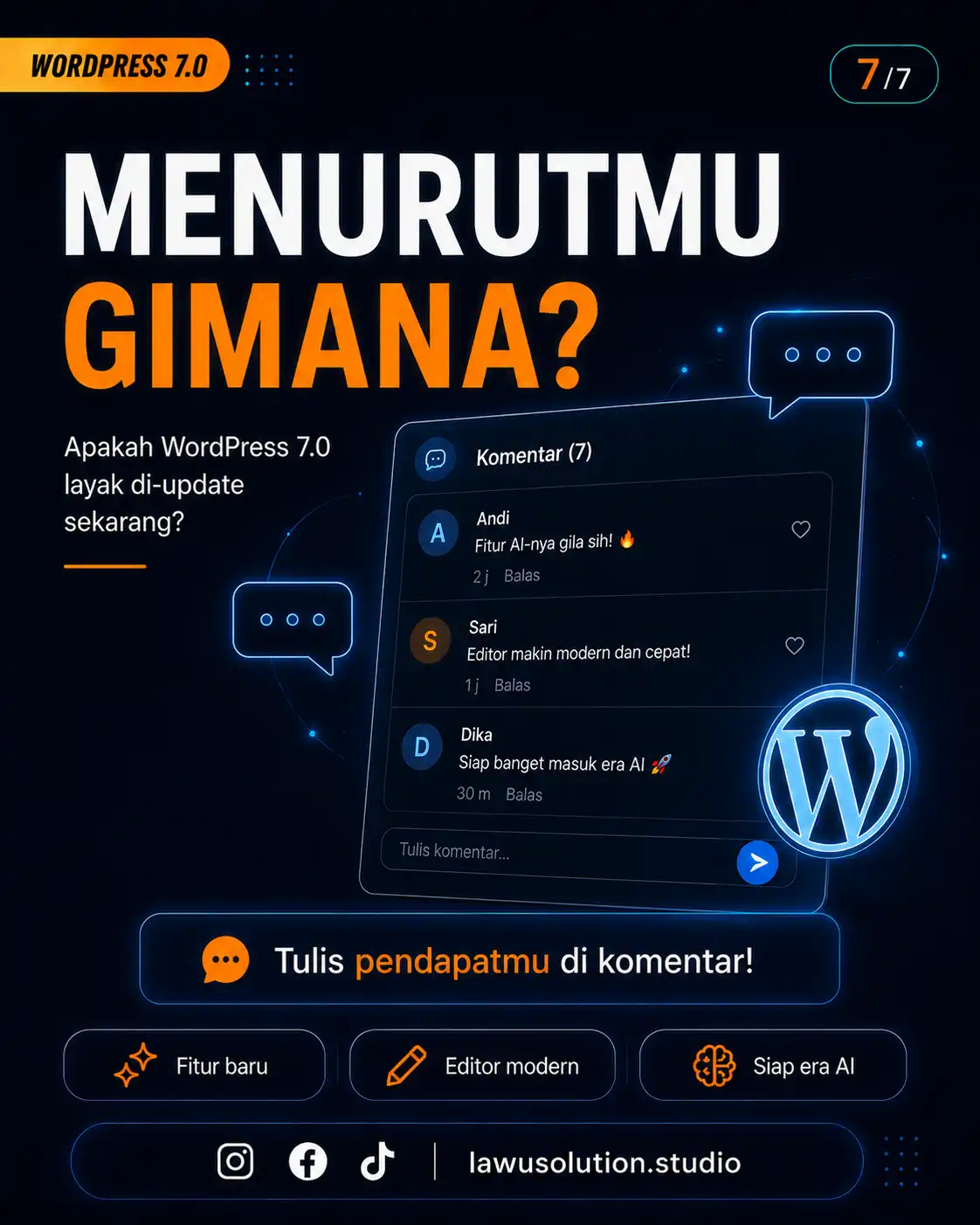 WordPress 7.0 menghadirkan fitur baru, editor modern, dan dukungan era AI untuk pengalaman membuat website yang lebih fleksibel