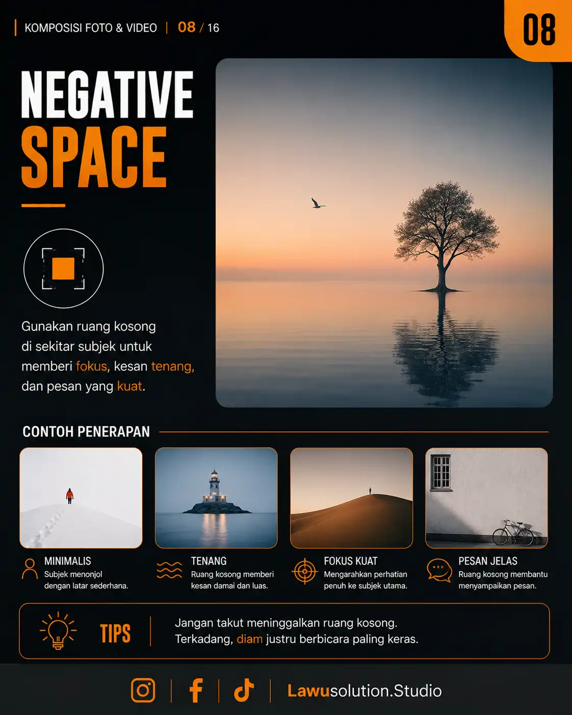 Teknik negative space dalam fotografi cinematic dengan ruang kosong untuk memperkuat fokus pada subjek utama.