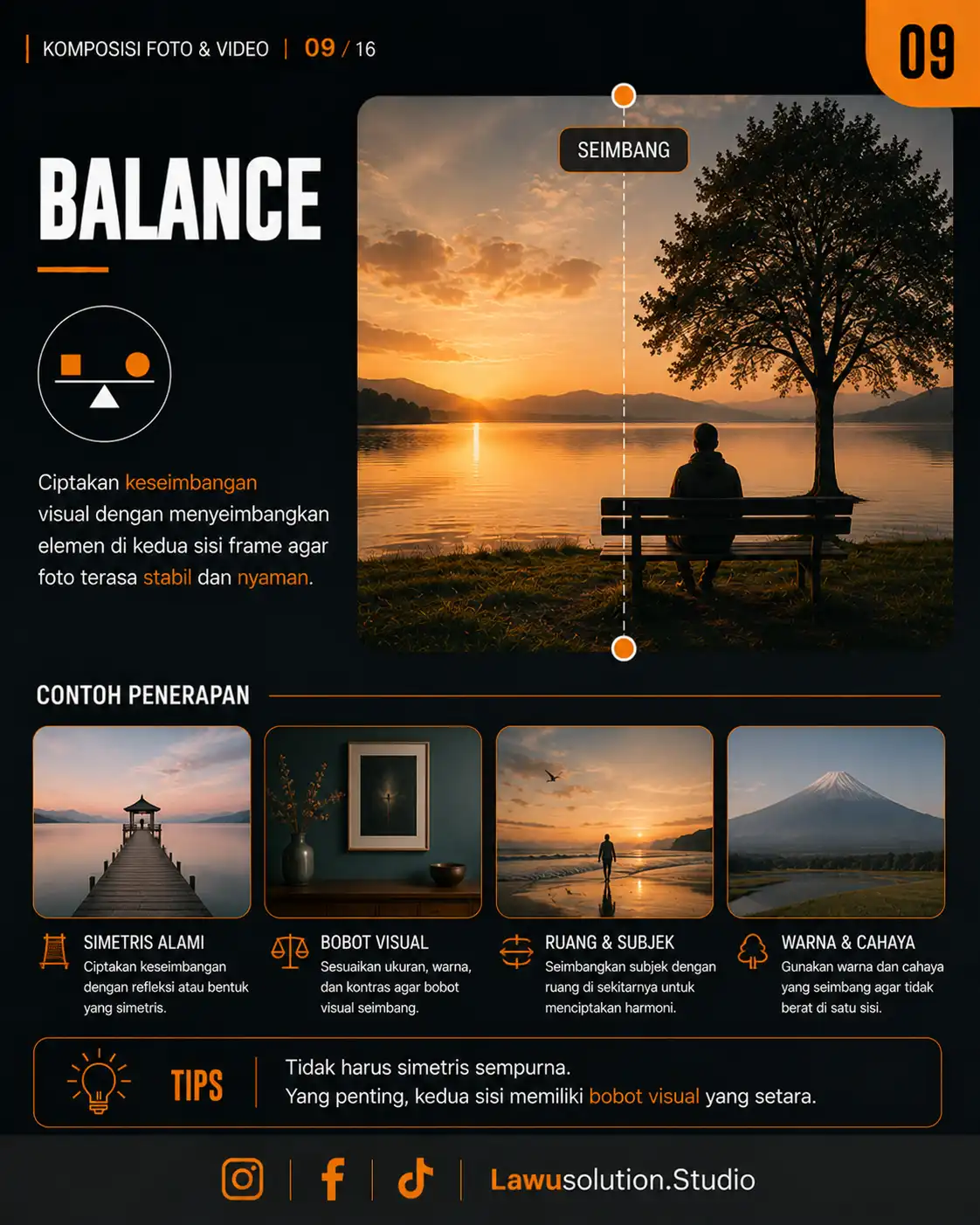 Contoh visual balance dalam komposisi fotografi dan videografi untuk menciptakan keseimbangan frame yang nyaman dilihat.