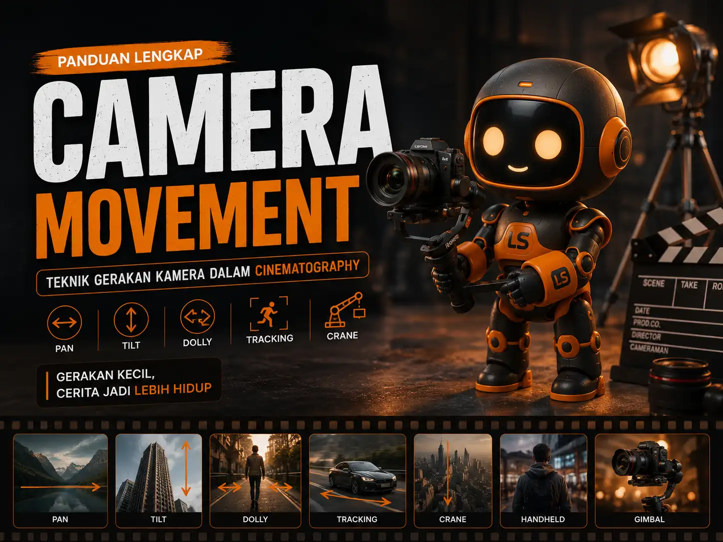 Ilustrasi teknik camera movement dalam cinematography meliputi pan, tilt, dolly, tracking shot, crane, handheld, dan gimbal untuk membuat video cinematic dan profesional.