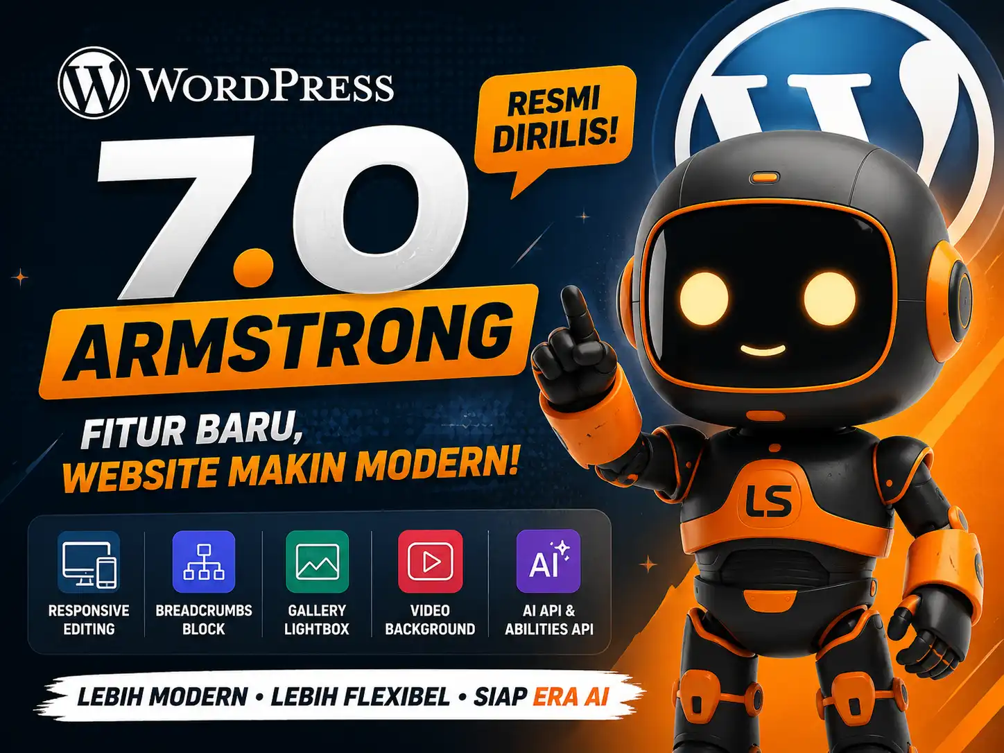 WordPress 7.0 Armstrong resmi dirilis dengan fitur AI API, responsive editing, gallery lightbox, video background, dan editor modern terbaru.