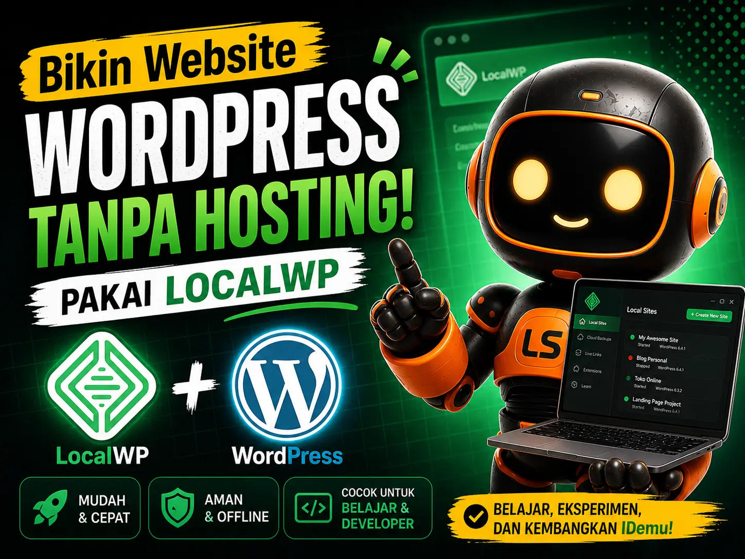 Tutorial cara membuat website WordPress tanpa hosting menggunakan LocalWP di laptop secara offline.