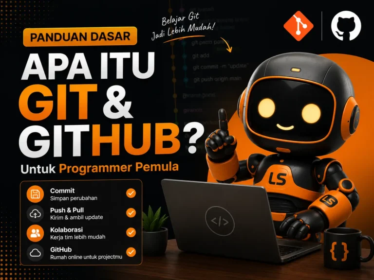 Tutorial Git dan GitHub untuk programmer pemula menggunakan Visual Studio Code dengan ilustrasi workflow version control dan kolaborasi project development.