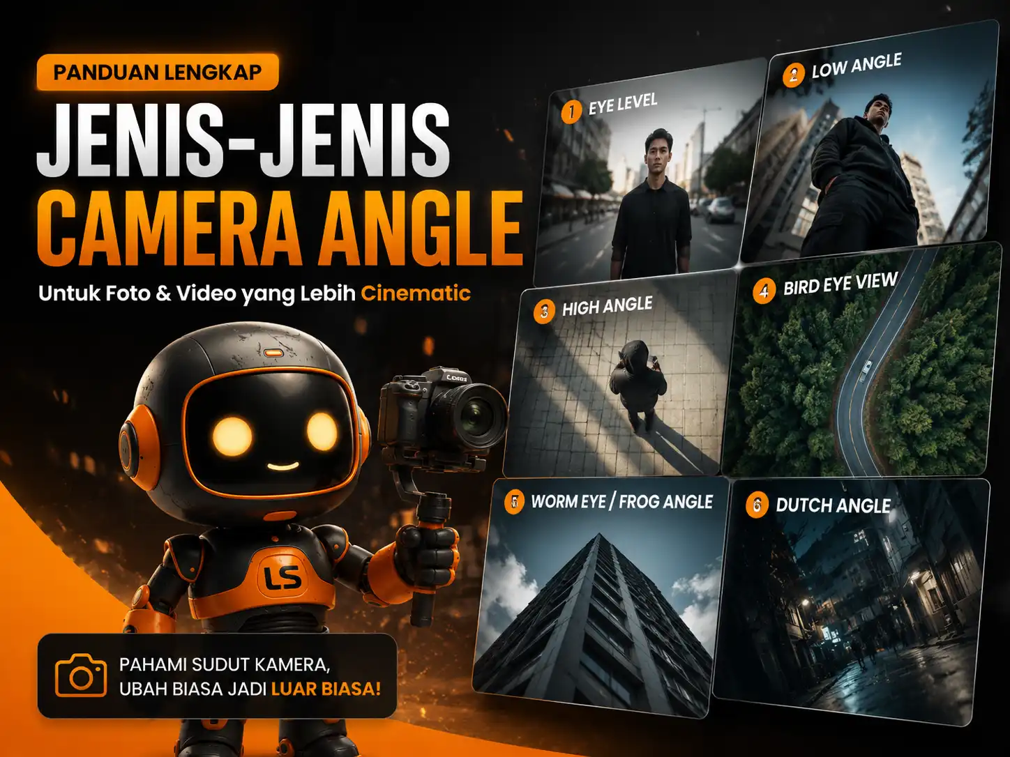 Jenis-jenis camera angle dalam fotografi dan videografi cinematic lengkap dengan eye level, low angle, high angle, bird eye view, worm eye, dan dutch angle untuk content creator dan videografer.