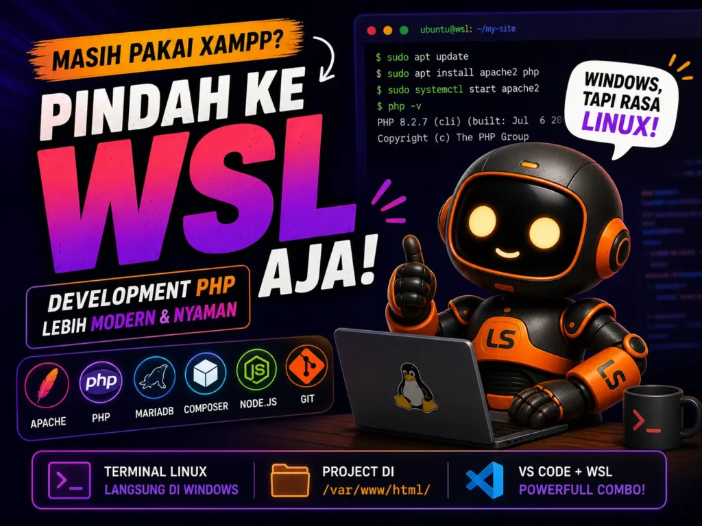 Tutorial install Apache dan PHP di WSL menggunakan VS Code sebagai alternatif modern XAMPP untuk development PHP di Windows dengan Linux environment.