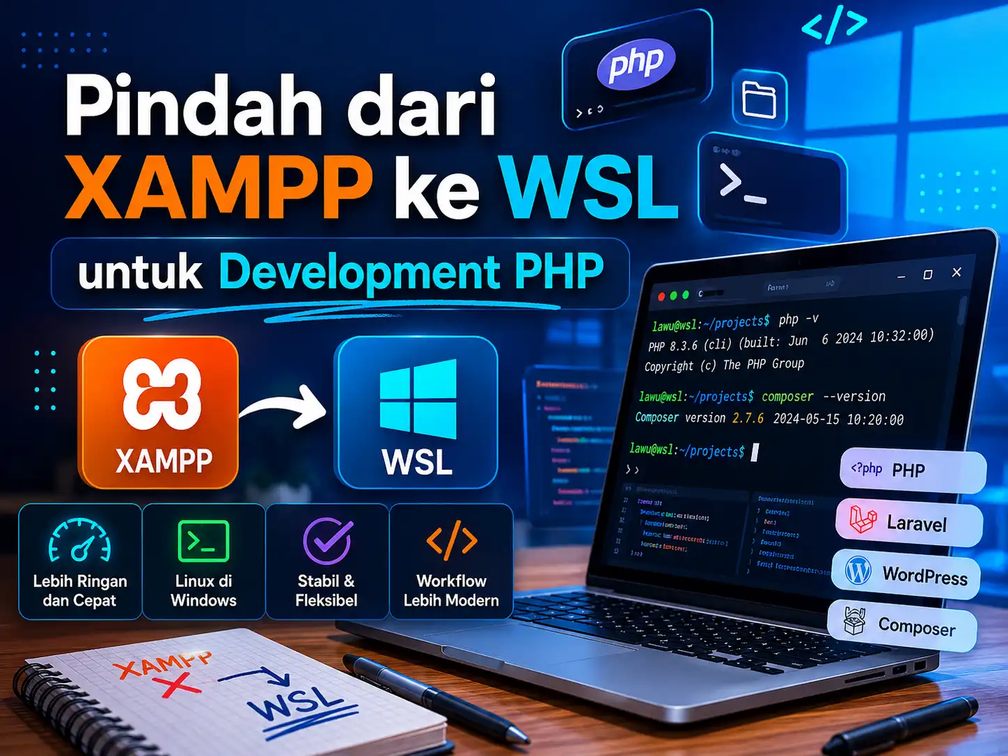 WSL untuk development PHP sebagai alternatif XAMPP yang lebih ringan, modern, dan stabil untuk coding PHP, Laravel, dan WordPress di Windows.